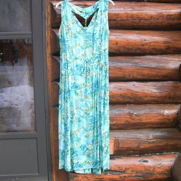 Like New Vintage Bahama Beach Floral Turquoise Sleeveless Maxi Dress SZ M - Picture 2 of 5